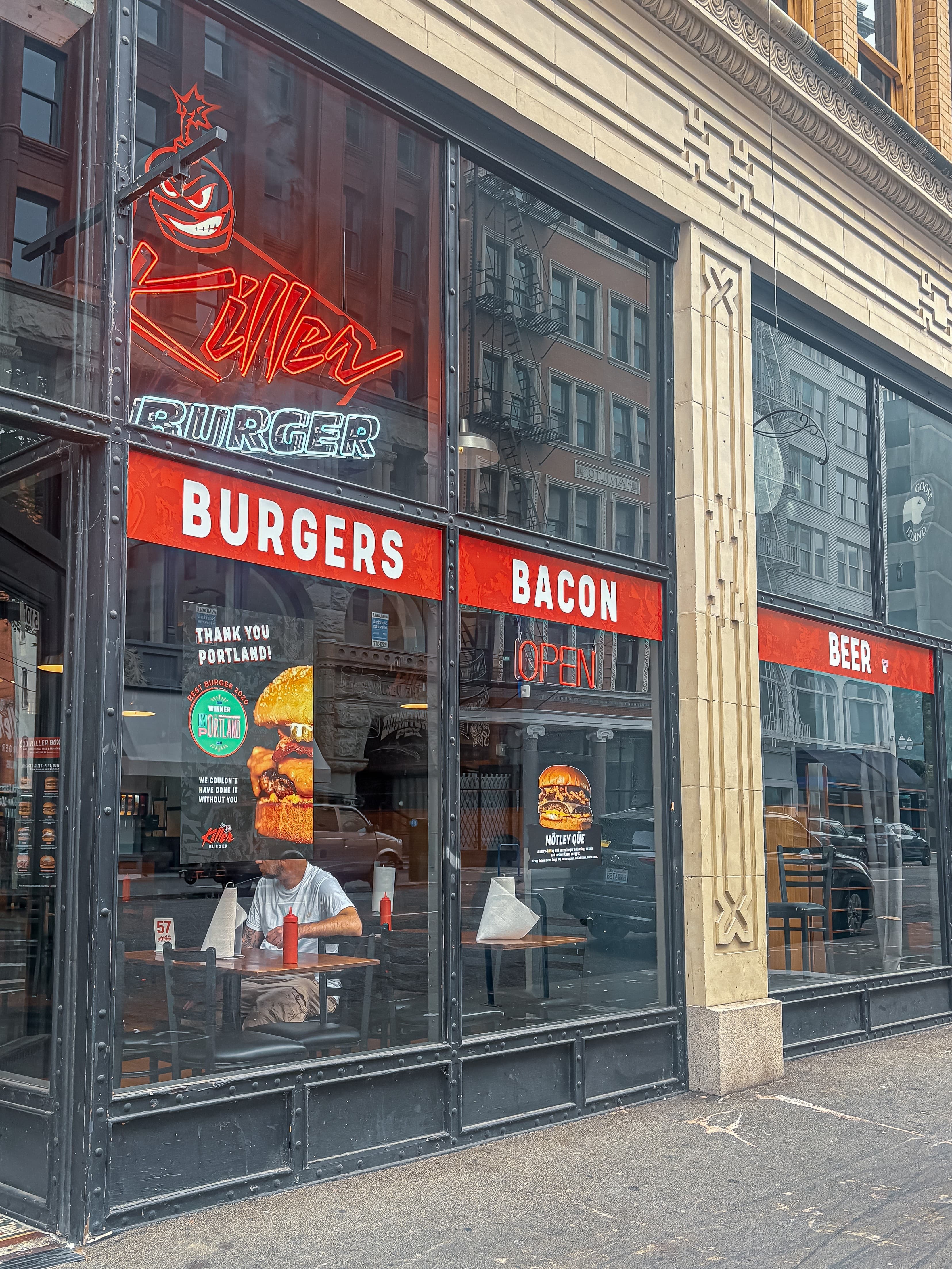 Killer Burger Downtown Portland — historic corner storefront with Burgers Bacon Beer signage
