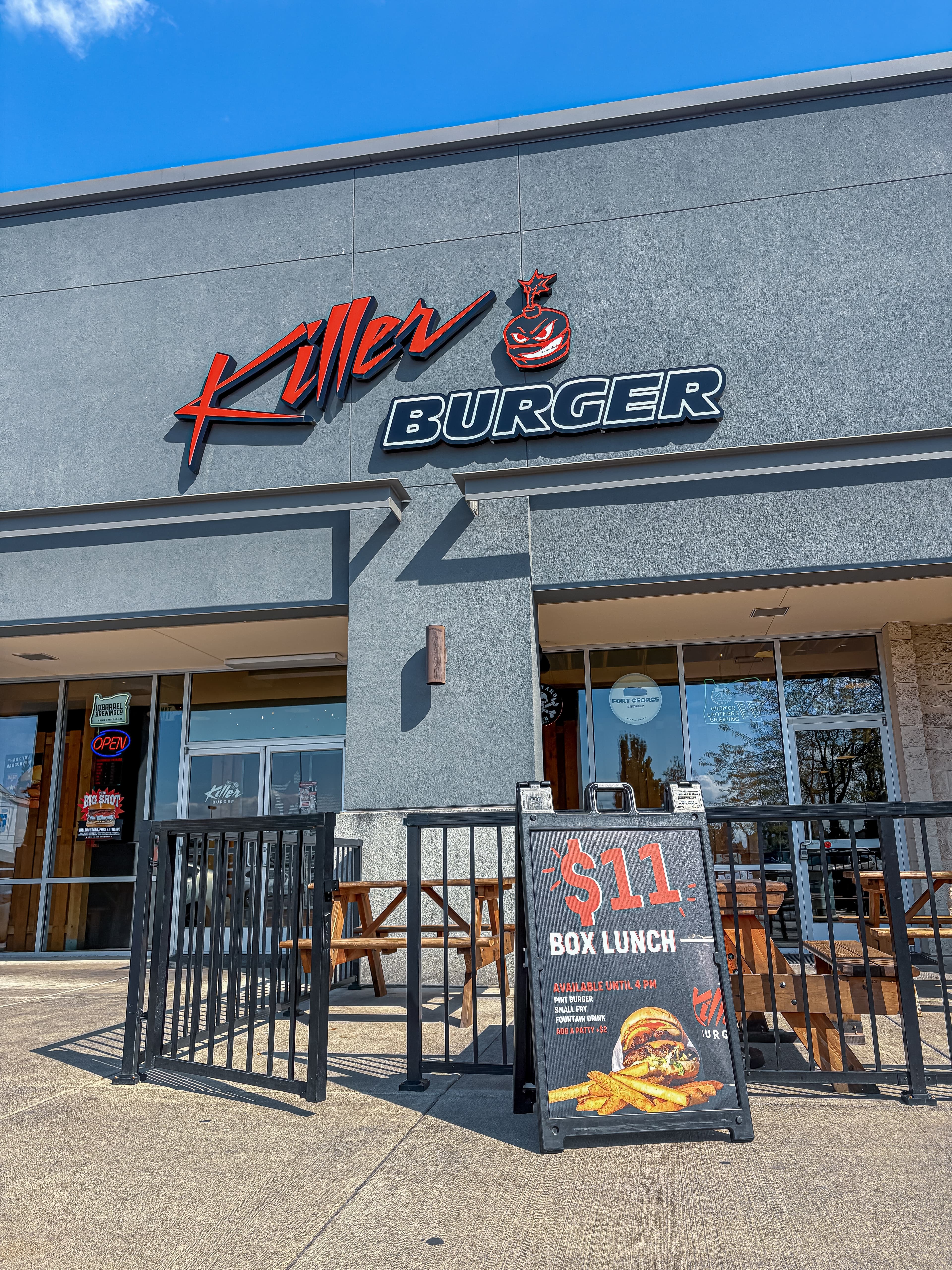 Killer Burger Hazel Dell — storefront exterior with patio seating and signage
