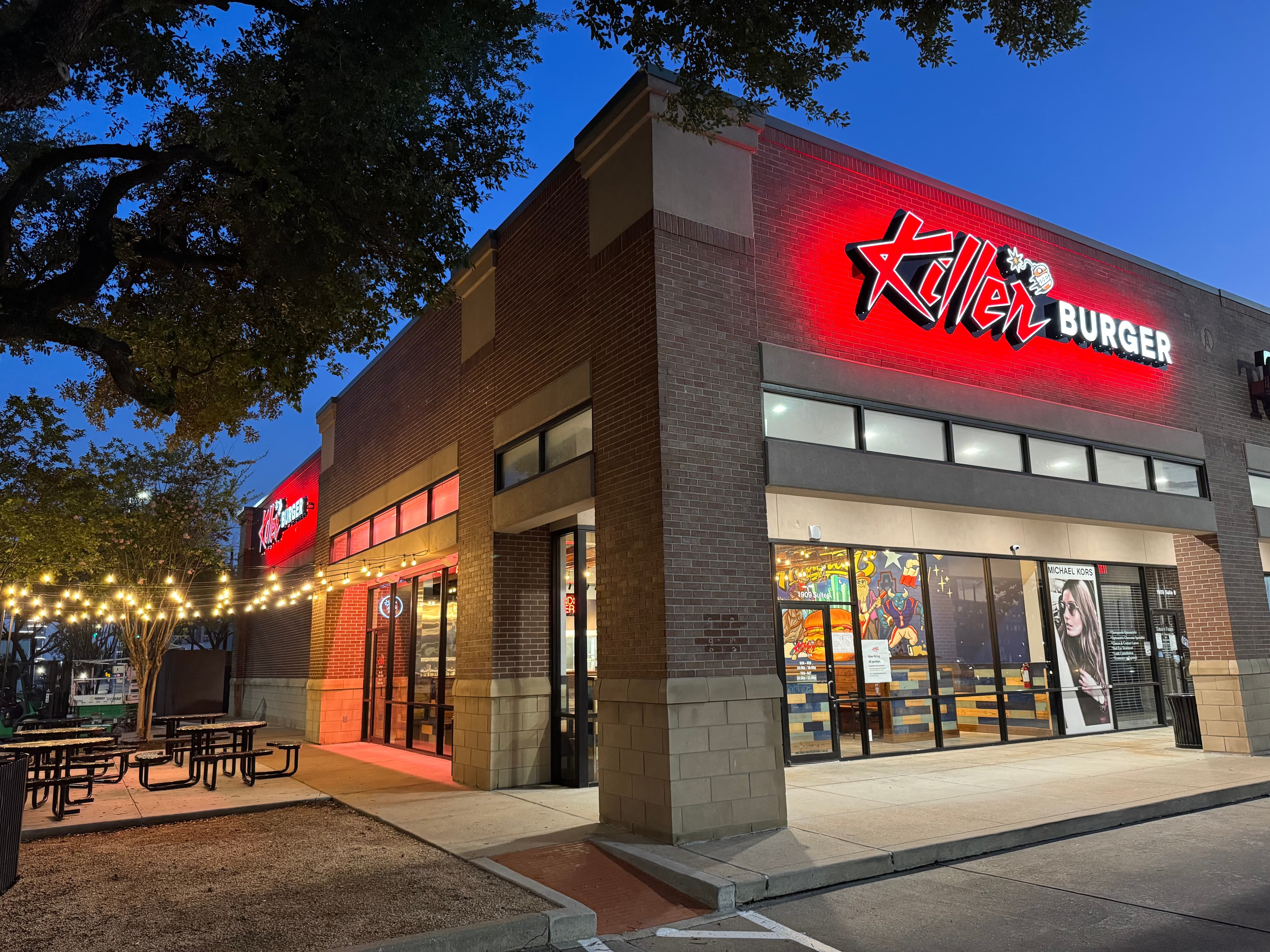 Killer Burger Sawyer Heights — exterior storefront at dusk with illuminated signage